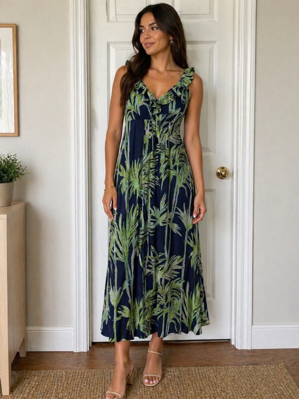 Lilly Pulitzer Navy Maxi Dress with Green Palm Print